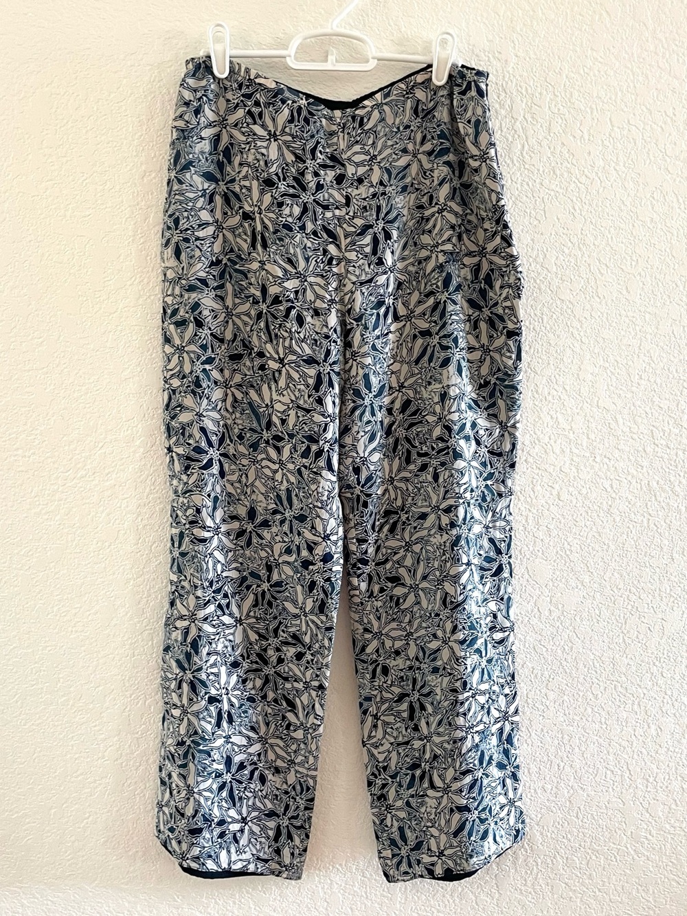 Vintage Sigrid Olsen Rayon Flowy Blue and White Wide-Leg Floral Hawaiian Pants